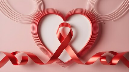 Elegant red ribbon heart on soft pink background conveys love and celebration message