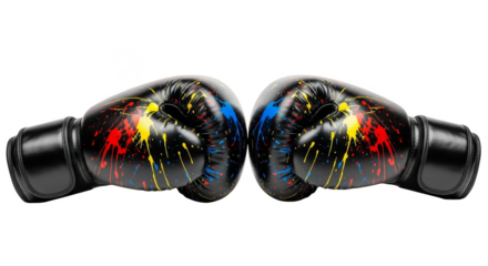 Paintsplattered boxing gloves confront each other