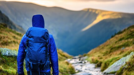 climbing. Solo hiker on mountain trail during golden hour, with blurred mountain backdrop. tourism brochures, itinerary planners, designed for hospitality marketing for hotel rooms and spa retreats.