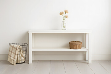 Bright Minimalist Scandinavian Interior with Console Table, Basket, and Flowers