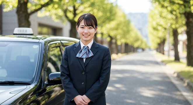 笑顔でタクシーの横に立つ女性ドライバー