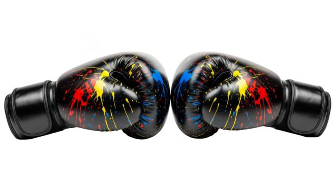 Paintsplattered boxing gloves confront each other