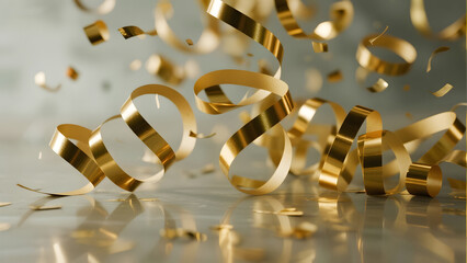 Golden Confetti, Celebration, Festive Decor, Party Streamers, Shimmering Ribbons, Festive Elements, Joyful Occasion