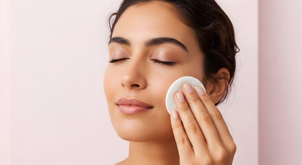 Young woman gently cleansing face with cotton pad skincare routine beauty