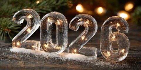 2026 illuminated glass figures on a snowy wooden table, christmas holidays concept
