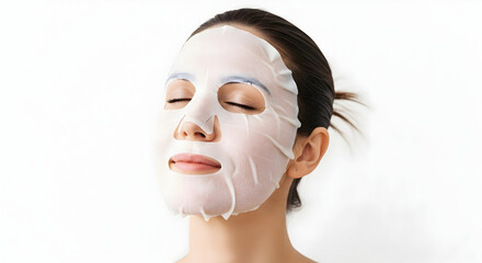 Beautiful Woman Wearing White Hydrating Sheet Mask Skincare Treatment Isolated
