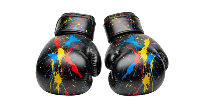 Splatterpainted boxing gloves on black backdrop
