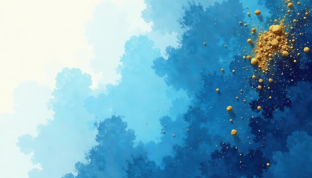 Gold powder splatters on blue watercolor, vector invitation , VIP, elegant