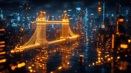 Digital Tower Bridge over futuristic city at night