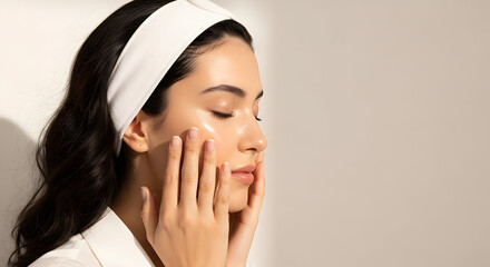 Young Woman Applying Moisturizer to Glossy Skin Skincare Beauty Routine Portrait