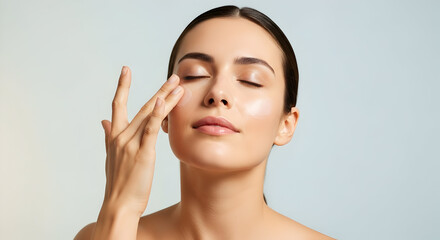 Beautiful woman applying moisturizing eye cream on face for skin care routine