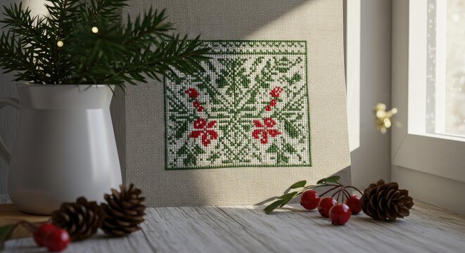 A handcrafted embroidered Christmas design, framed in natural light.  Small red flowers and green leaves pattern on beige canvas