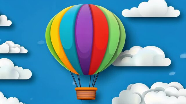 Colorful hot air balloon floating in a blue sky with fluffy white clouds.