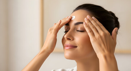 Beautiful woman applying moisturizer cream dot on forehead for anti aging facial skincare