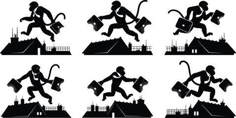 Business monkey silhouettes running on rooftops with briefcases, urban hustle concept, black vector set, cad drawing flat vector illustration © Ashik World