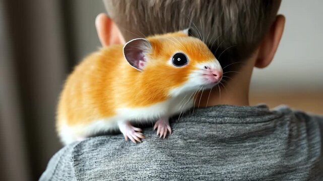 A golden hamster sits comfortably on a child's shoulder, looking curious.