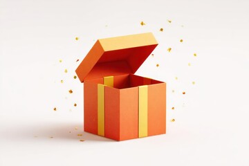 An open orange and yellow striped gift box with confetti falling around it on a white background