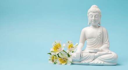 White buddha statue sitting in meditation pose with flowers on blue background