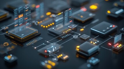 A high-tech digital circuit board featuring illuminated components, showcasing a futuristic design with various processors and visual data displays.