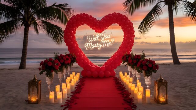 Romantic Beach Marriage Proposal Setup with Red Heart Balloons, Candles, and Roses – Will You Marry Me Decoration