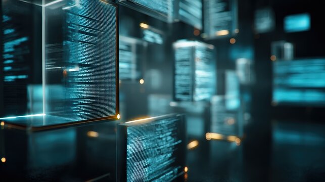 A futuristic digital scene featuring glowing data blocks, suggesting advanced technology and information processing in an immersive environment.