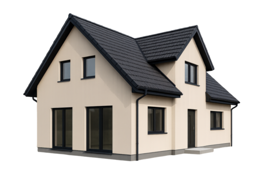 Modern Beige House With Dark Gray Roof and Windows