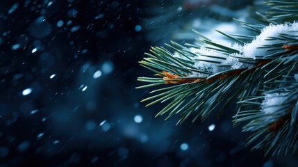 Fototapeta premium Serene Winter Scene: Snowy Pine Branch with Falling Snowflakes