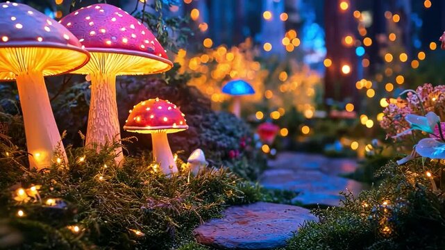 Enchanted mushroom garden path with glowing lights and whimsical atmosphere.