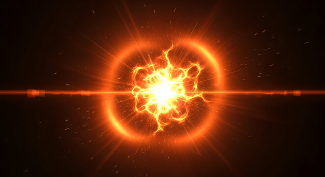 Bright solar explosion in space with an orange glow and fiery flames of red and yellow light