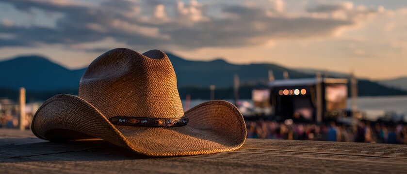 A cowboy hat rests on a wooden ledge, with a scenic backdrop of mountains and a stage, capturing a relaxed outdoor event atmosphere.