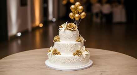 Wedding cake with candles, flowers, and pink roses on a reception table for a sweet marriage celebration