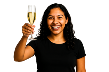 Smiling woman holding champagne glass up