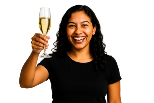 Smiling woman holding champagne glass up