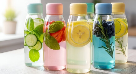 Fresh vegetables and green herbs surrounding glass bottles of natural olive oil for healthy food and spa aromatherapy