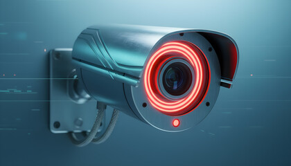 Digital illustration of surveillance camera with neon ring and red indicator on gradient background