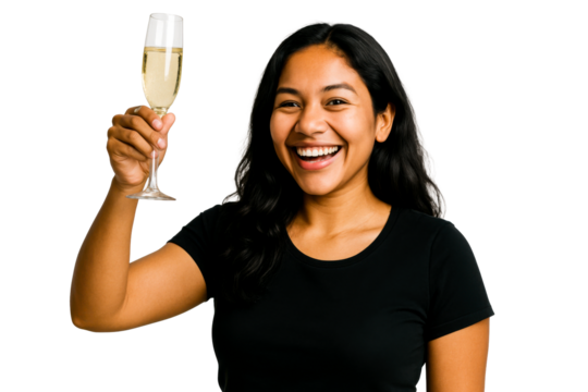 Latina woman cheers with champagne glass
