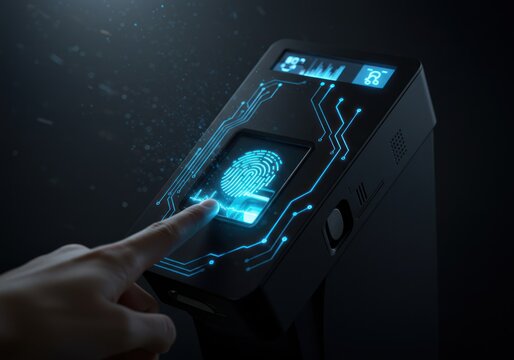 Futuristic Biometric Fingerprint Scanner Touchscreen Device in Dark Environment