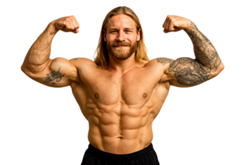 Muscular man flexing arms showing defined abs and tattoos