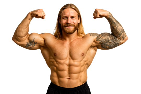 Muscular man flexing arms showing defined abs and tattoos