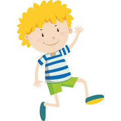 Blond Haired Boy Wearing Blue Striped T Shirt and Green Shorts Jumping Joyfully with One Arm Raised and a Smile on His Face Against a Transparent Background