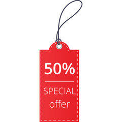 Bright Red Special Offer Tag With 50 Percent Discount And String On White Background Isolated Clipping Path