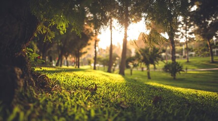blurred. Tranquil park at sunset with warm golden hues, creating a peaceful natural landscape. inspiring travel planning, travel magazines, designed for travel destination branding.