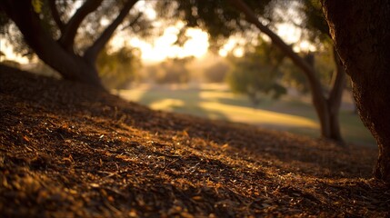 blurred. Tranquil park at sunset with warm golden hues, creating a peaceful natural landscape. inspiring travel planning, travel magazines, designed for travel destination branding.