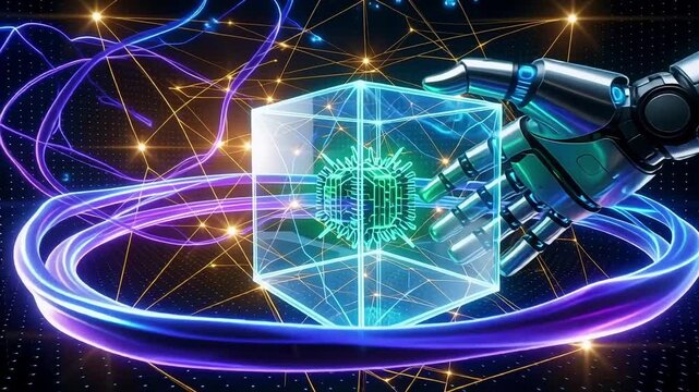 Futuristic technology ai robot hand reaching for digital cube network connection concept art