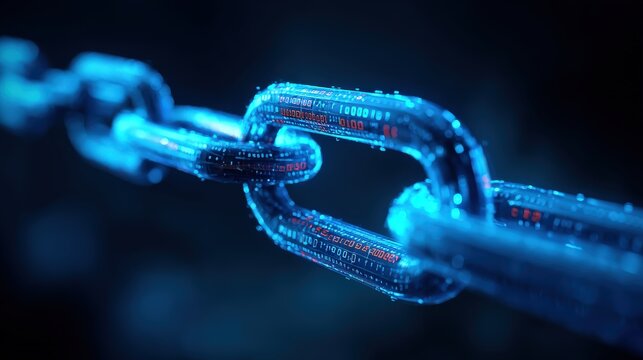 A close-up of a glowing digital chain link, representing cybersecurity, blockchain technology, and data security in a futuristic design.
