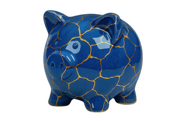 Blue piggy bank displaying kintsugi broken repair, symbolizing resilience, savings, and financial recovery with gold seams