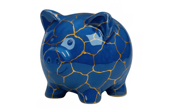 Blue piggy bank displaying kintsugi broken repair, symbolizing resilience, savings, and financial recovery with gold seams