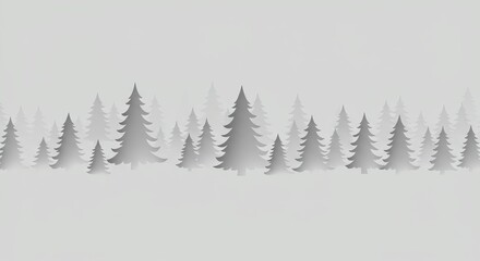 Minimalist grey forest illustration with stylized evergreen trees in a foggy landscape.