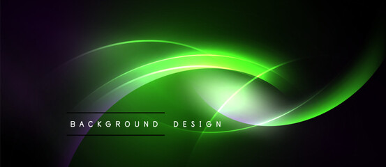 Abstract green neon waves, dark background. Modern design element, glowing lines create dynamic visual effect. Simple text overlay present.
