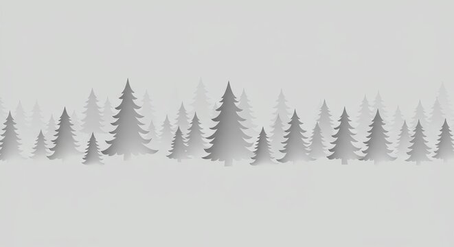 Minimalist grey forest illustration with stylized evergreen trees in a foggy landscape.